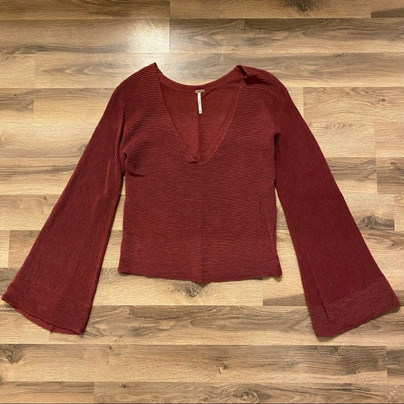 Free People Burgundy Starman Ribbed V Neck Bell Sleeve Sweater - Picture 2 of 6